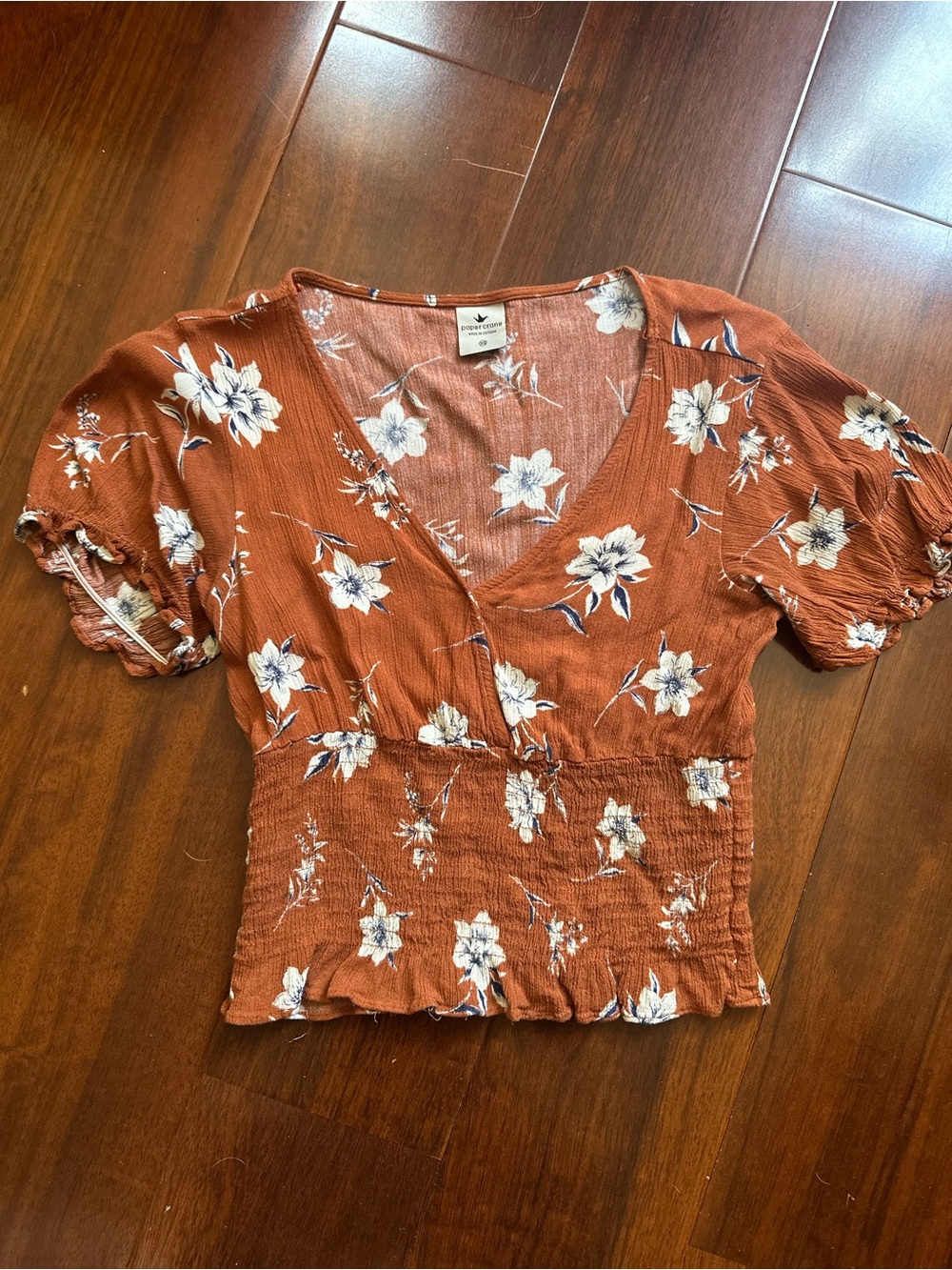 Paper Crane Rust Floral V-Neck Smocked Crop Top